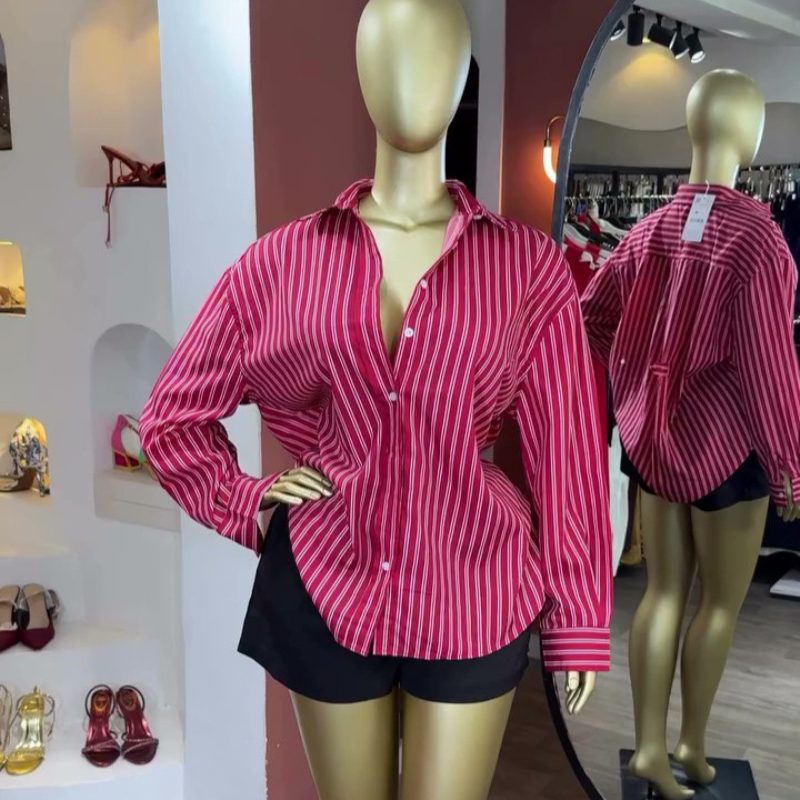 Nouvelle Chemise Élégante pour Femme à Rayures Imprimées, Manches Longues, Col Rabattu, Boutonnage Simple