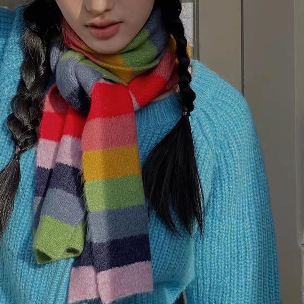 Harajuku Y2K arc-en-ciel rayé tricoté écharpe Style coréen longues écharpes automne hiver tricots châle Foulards chaud laine cou écharpe
