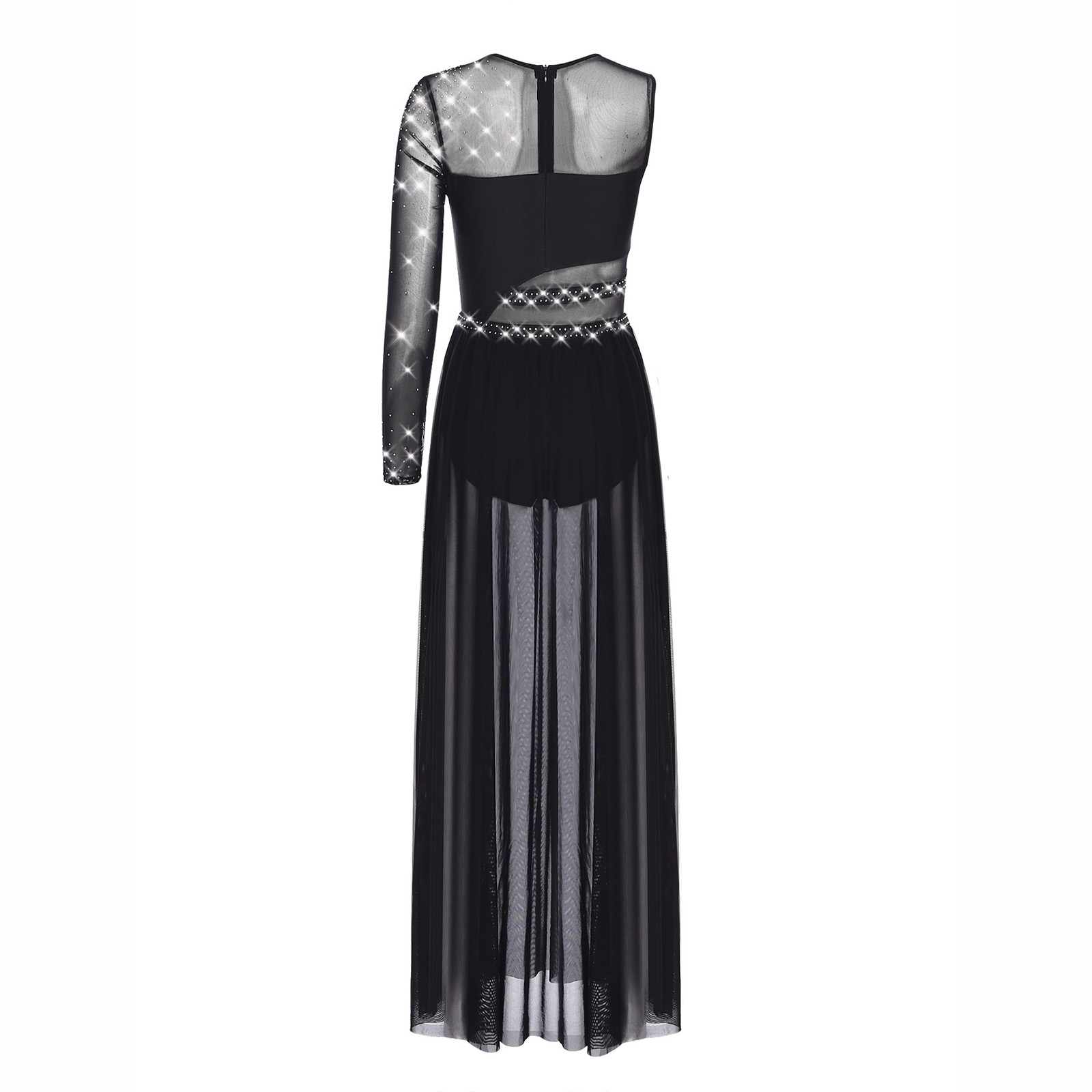 Robe de danse lyrique moderne pour femmes, fendue sur le côté, maille transparente, strass, justaucorps de gymnastique, patinage, vêtements de danse contemporains