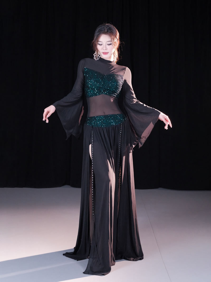 Tenue de danse orientale sexy pour femmes, haut en mousseline transparente à sequins à manches longues, jupe fendue sur le côté, compétition de danse du ventre