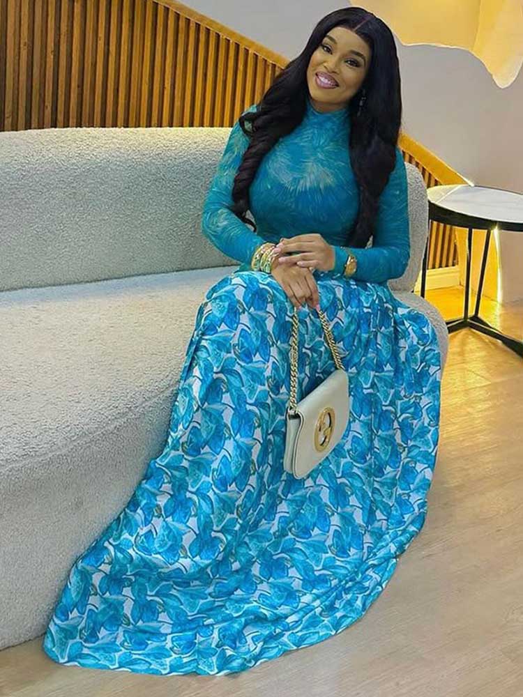 Une ligne robe Maxi pour les femmes automne bleu clair robe à manches longues taille mince mi-col roulé Chic élégant robes de soirée dames