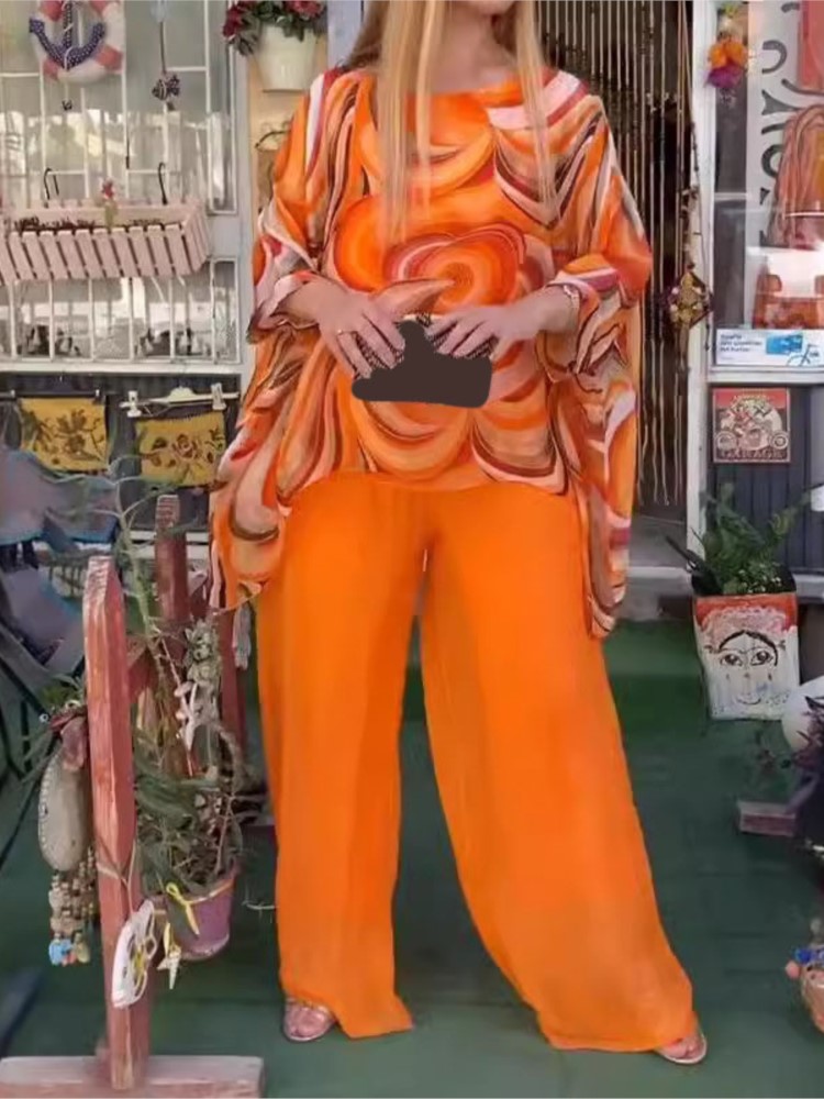 Femmes mode imprimé ensembles décontracté ample O cou hauts et taille haute jambe large pantalons longs deux pièces ensembles dame été femmes vêtements