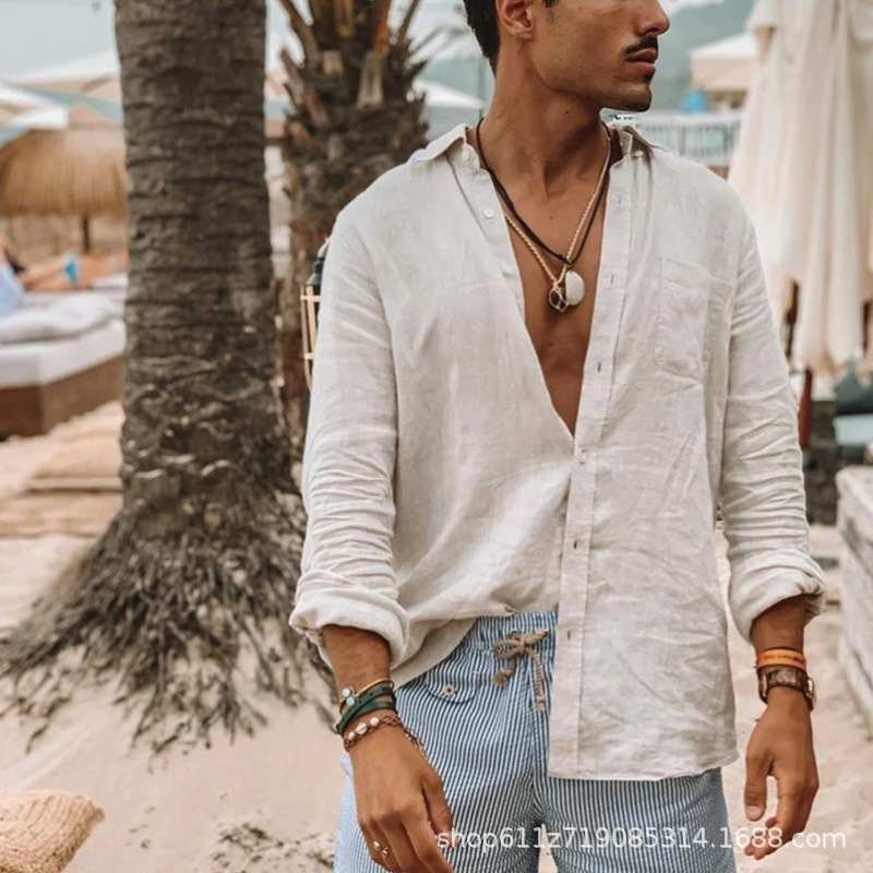 Chemise pour homme, été, décontractée, nouvelle, couleur unie, style européen, ample, avec poche, col à revers, manches longues, cardigan, chemise de plage, vêtements pour homme automne.