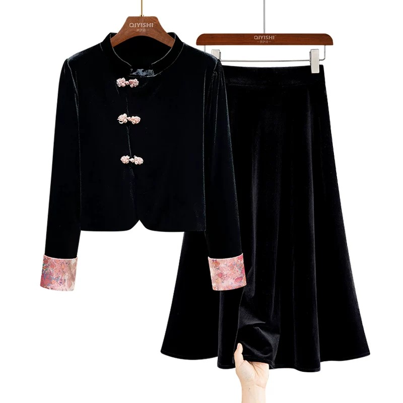 Ensemble de costume en velours noir brodé pour femmes, automne-hiver, chemise à manches longues + jupe, 2 pièces, tenues élégantes et rétro à la mode