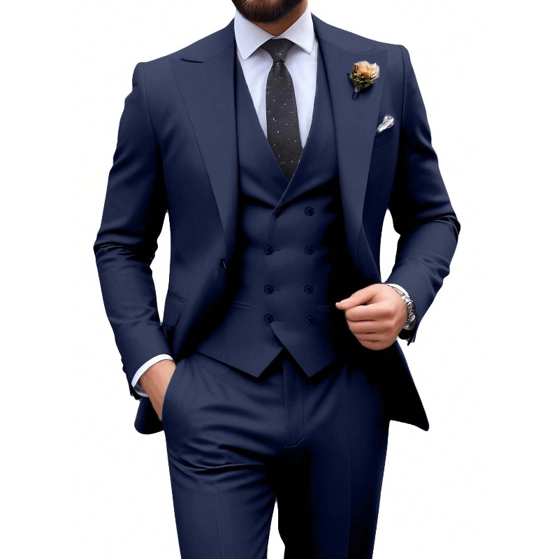 Costume 3 pièces pour homme, élégant, uni, coupe slim, blazer croisé, gilet et pantalon, pour soirée ou affaires