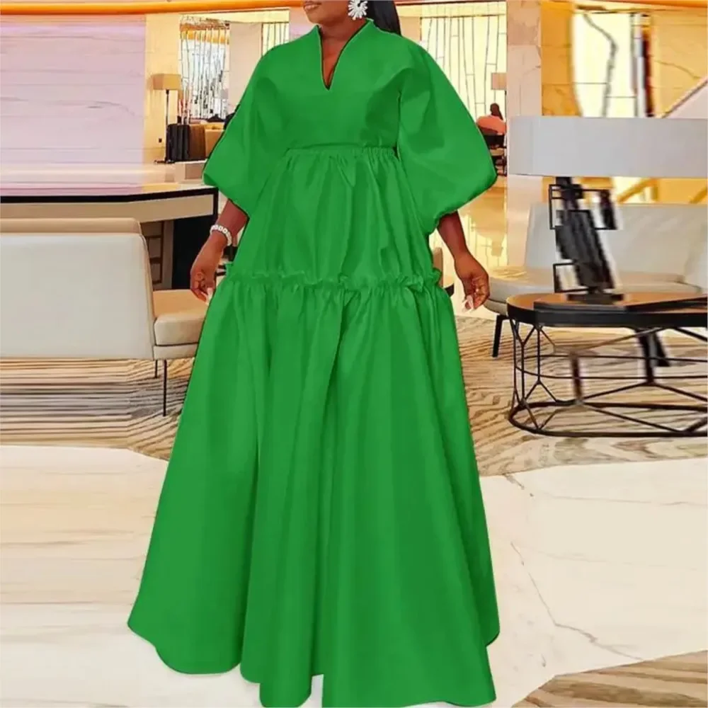 Mode Simple couleur unie Falbala longue robe femmes nouveau printemps été ample taille haute décontractée Maxi robes
