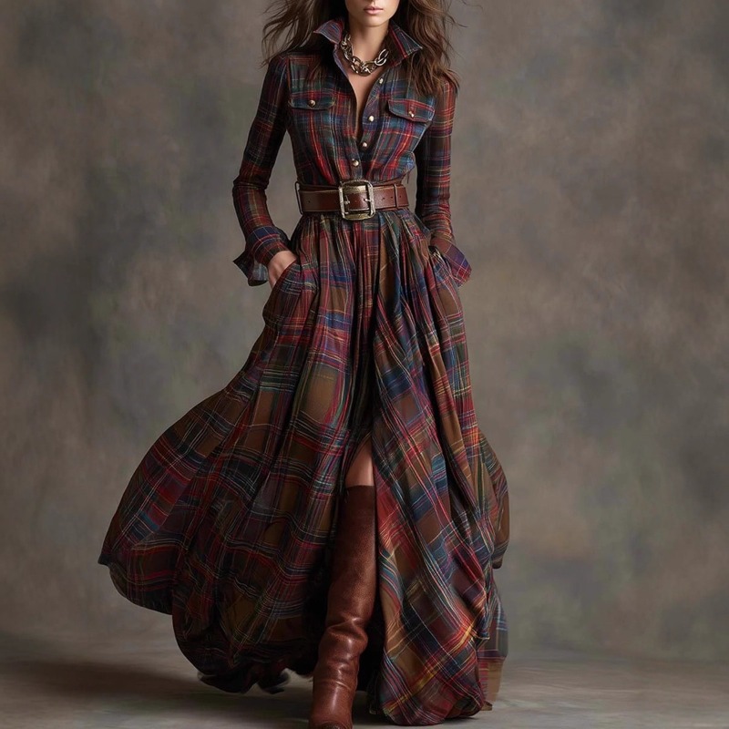 Robe longue à manches longues pour femme, grande taille, style rétro français, à carreaux, coupe irrégulière, nouvelle collection, idéale pour les soirées