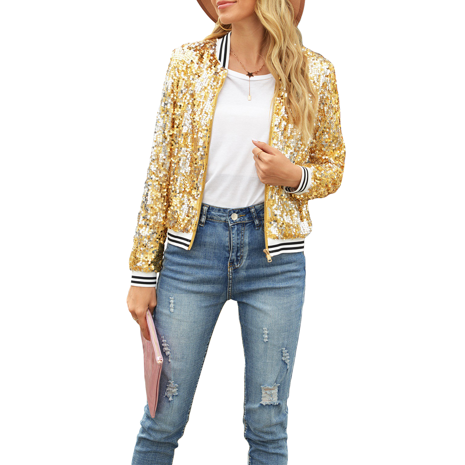 Veste zippée à paillettes brillantes pour femmes, cardigan léger à manches longues, streetwear décontracté, vêtements d'extérieur d'automne, nouvelle mode, 2024