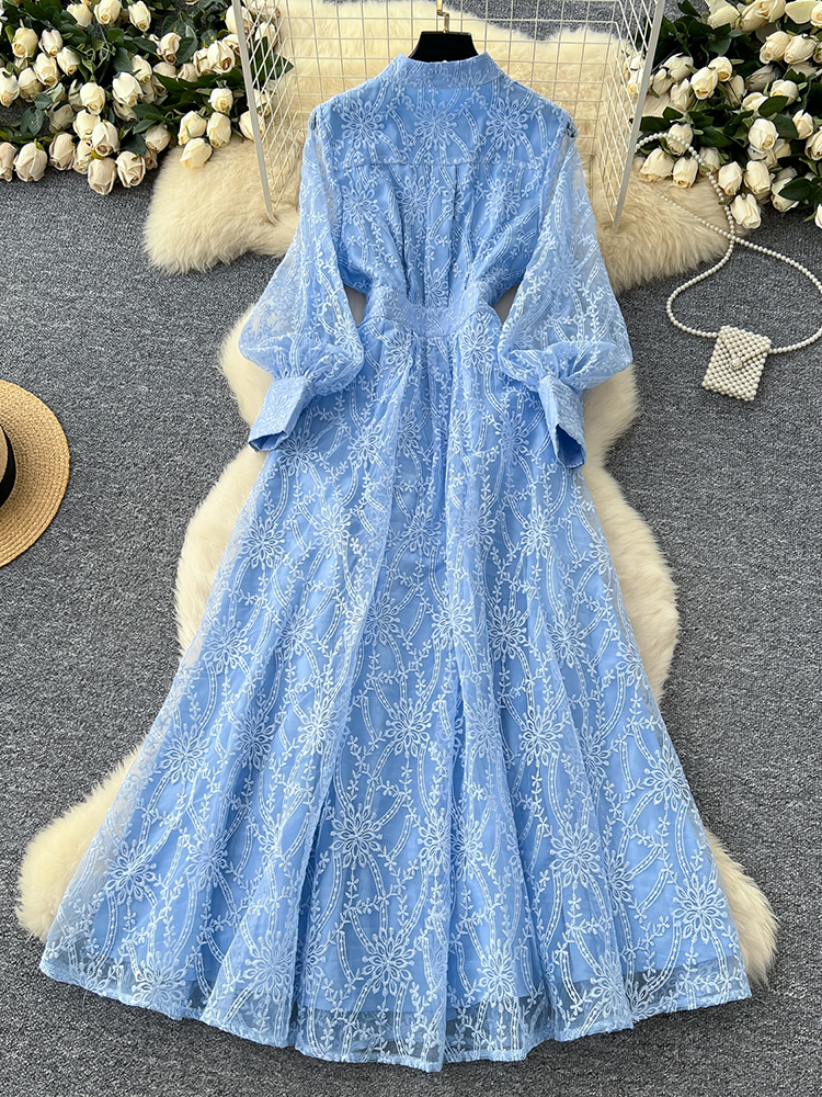 Nouvelle Robe Longue Élégante Française pour Femme, Col Montant, Boutonnage Simple, Taille Brodé, en Tulle, pour Fête d'Anniversaire S93