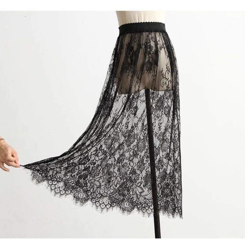 2 longueur élégante jupe noire dentelle blanche transparente longue jupe en Tulle dames élastique taille haute plage jupe Midi livraison directe