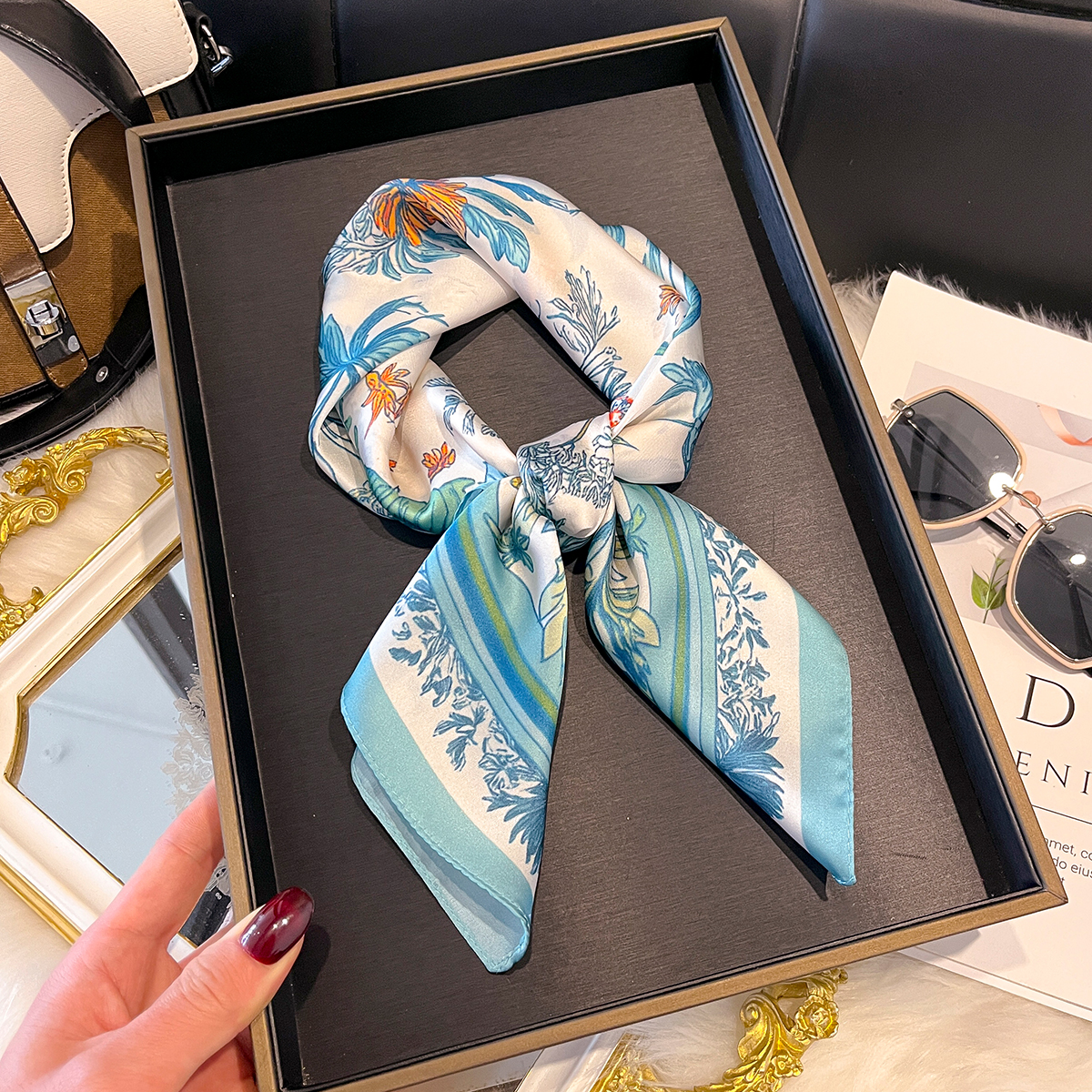 Nouveau Foulard Carré Imprimé Floral 2026 pour Femme – Écharpe en Fibre de Polyester Printemps-Été, Ruban de Sac Tendance, Bandeaux Cheveux, Bandana