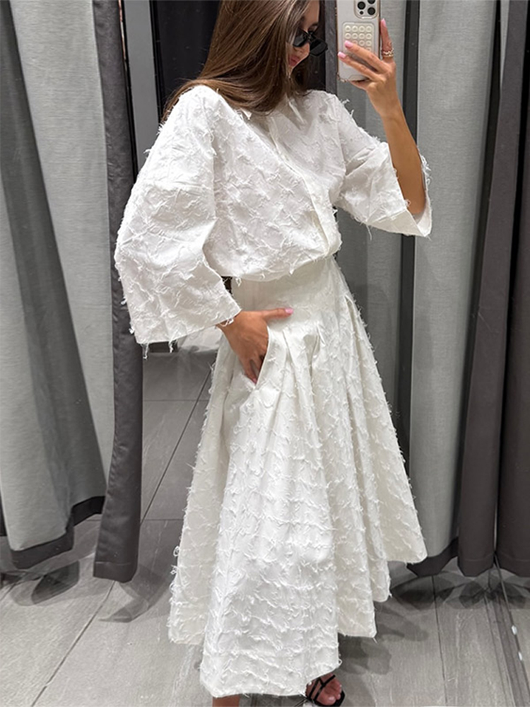 Ensemble chemise et jupe élégante pour femmes, T-shirt ample à manches longues et revers, taille haute, jupes longues plissées, costumes de rue, printemps 2026