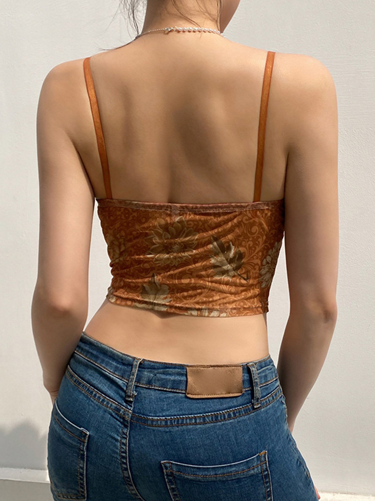 Haut court à volants en dentelle marron pour femmes, camisole florale, corset mignon, bretelles spaghetti, sweats Harajuku, tee-shirt, gilets de plage