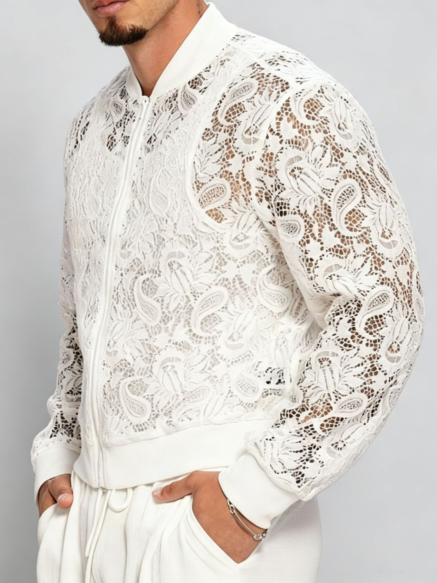 Veste en dentelle jacquard printemps-été pour hommes, style décontracté européen et américain, manteau de baseball sexy ajouré et transparent pour homme