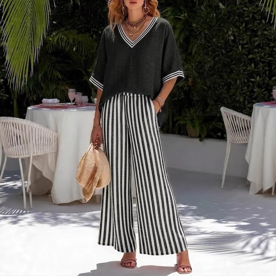 Ensemble décontracté d'été pour femme : Haut rayé à col en V et pantalon large taille haute