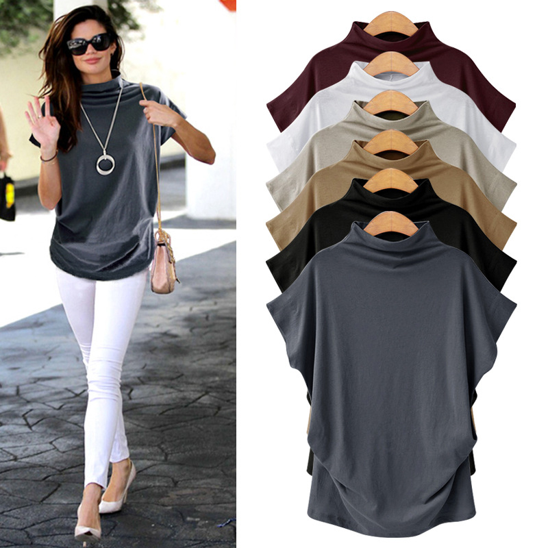 6XL femmes été T-Shirt manches courtes chauve-souris ample solide gris col roulé T-Shirt 2019 nouveaux T-Shirts Femme T-Shirts hauts