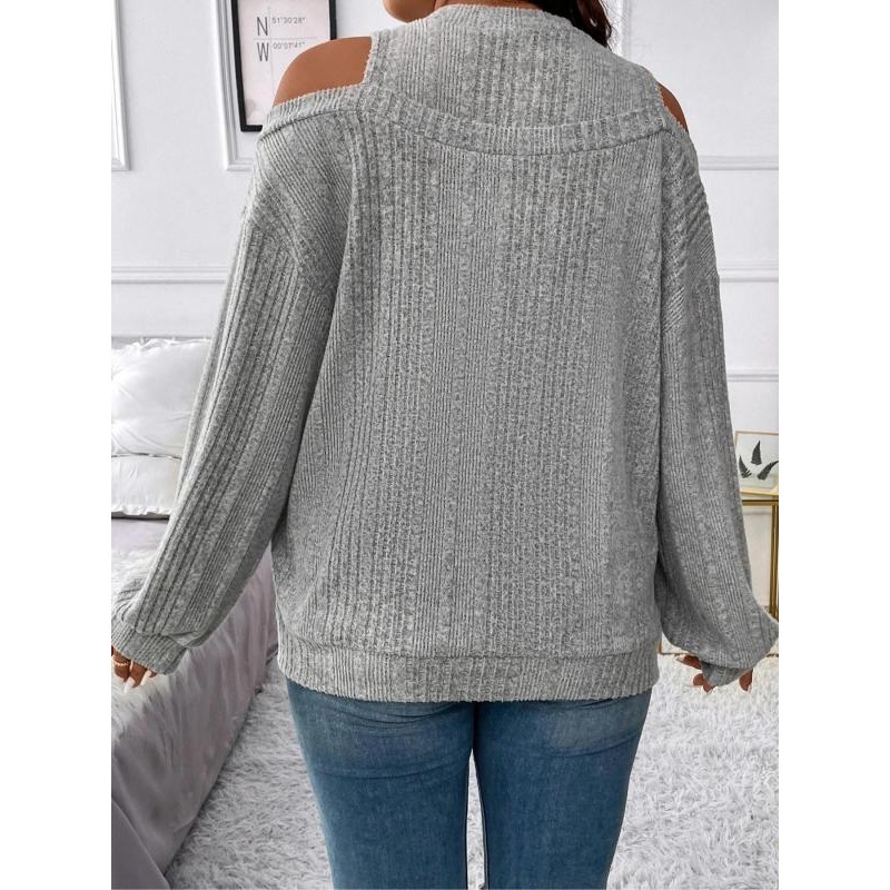 Pull en tricot pour femmes, grande taille 1XL-5XL, col mi-haut, épissure, couleur unie, manches longues, épaules dénudées