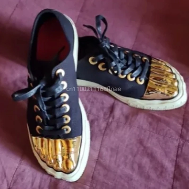 Chaussures de planche à bout doré pour hommes et femmes, chaussures plates en tissu à lacets pour adultes, chaussures de spectacle sur scène de danse de rue haut de gamme