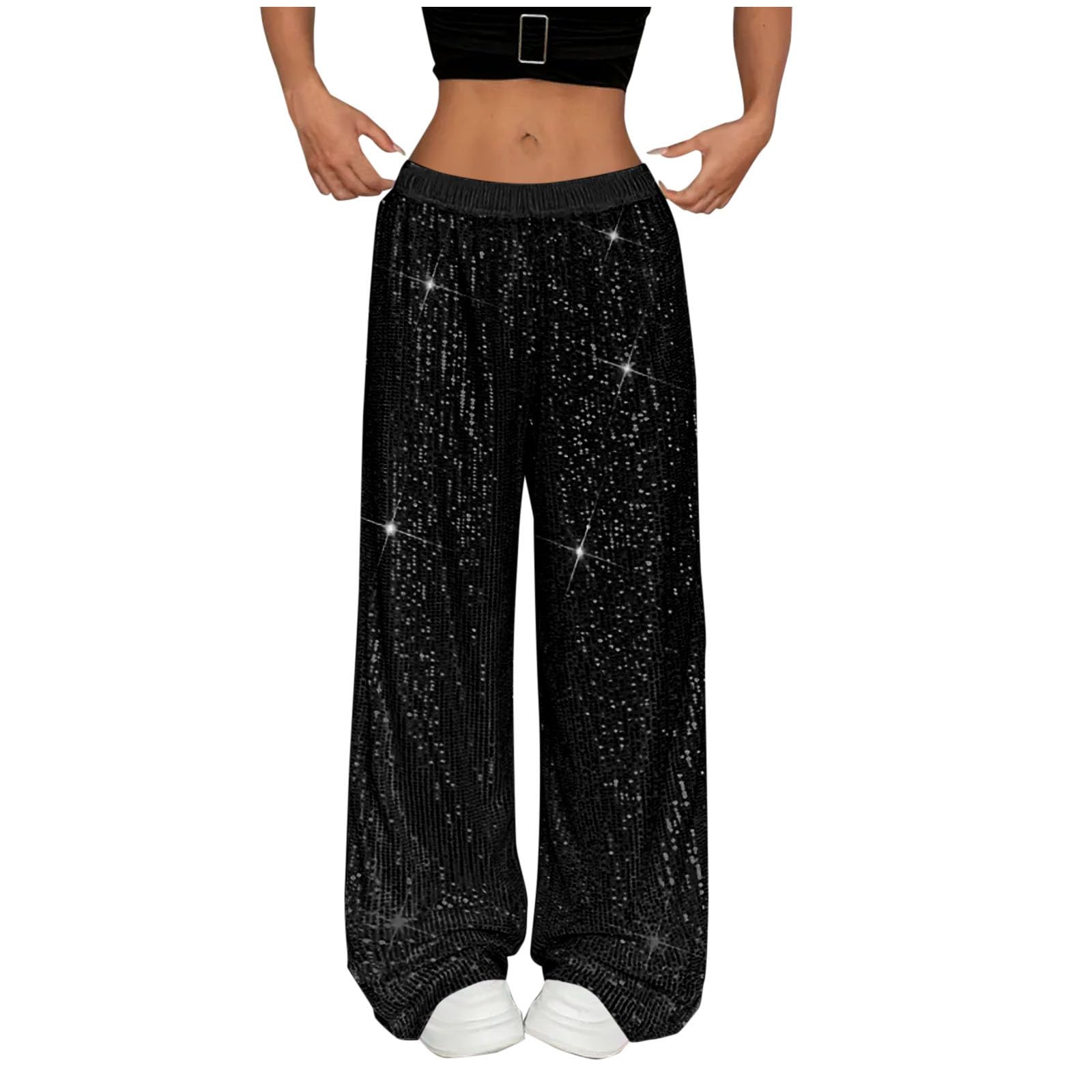 Pantalon décontracté à paillettes, extensible, taille haute, coupe large, tenue de soirée, club, brillant, élégant, ample, vêtements de soirée accrocheurs
