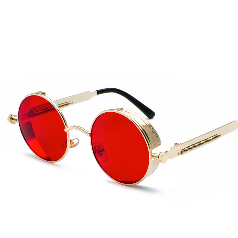 Lunettes de soleil vintage steampunk rouges pour hommes, monture ronde en alliage métallique, lunettes de soleil rétro pour femmes, lunettes de style gothique.