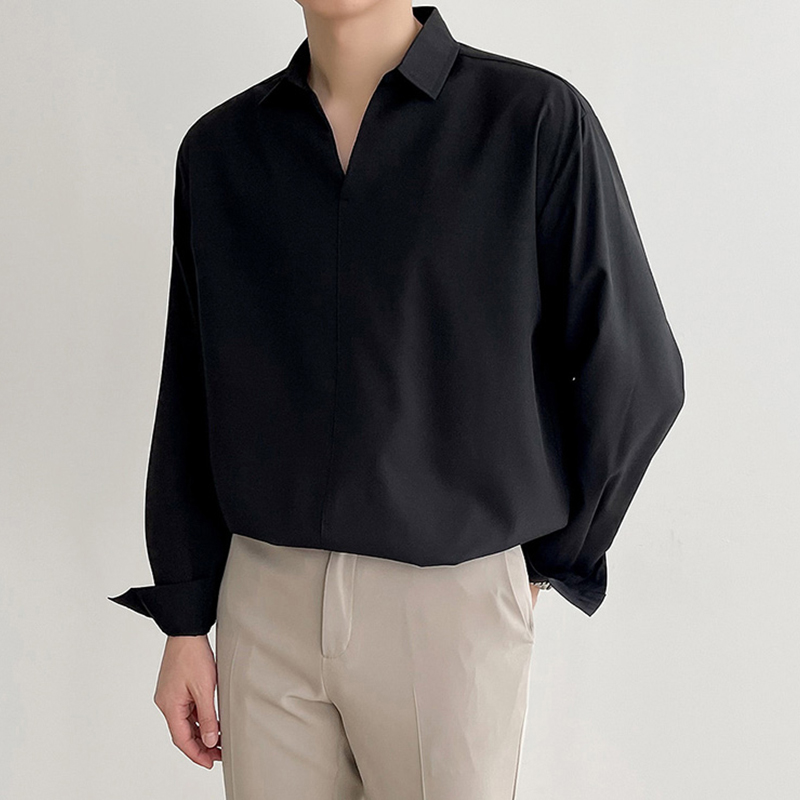 Nouveau coréen col en V hommes chemises de luxe décontracté Style tombant mince couleur unie à manches longues pull Blouse de haute qualité haut d'automne