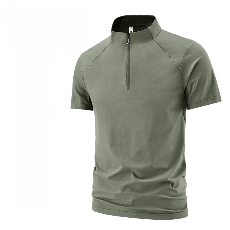 T-shirt à manches courtes en soie glacée pour homme, col montant, séchage rapide, vêtement de sport décontracté d'été, en tissu nylon, coupe confortable