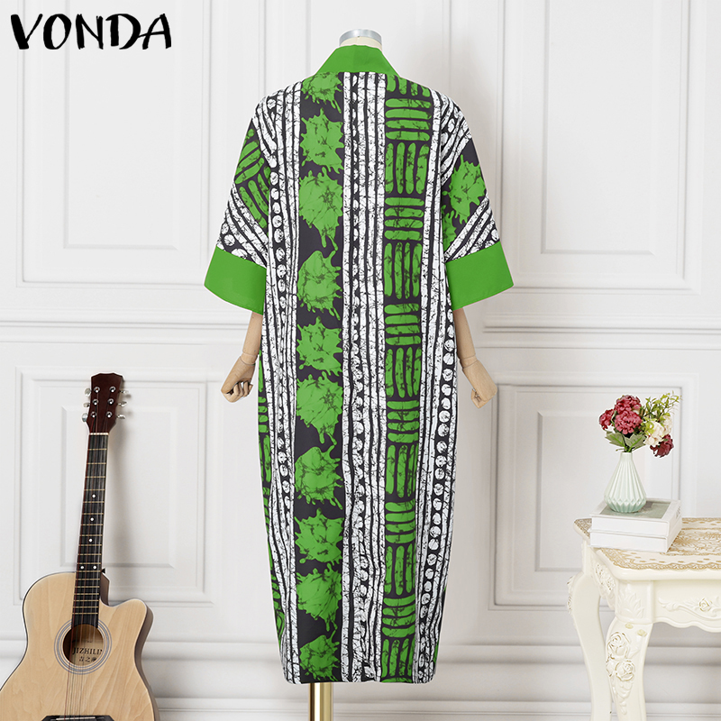 Grande taille 5XL VONDA Vintage Robe imprimée femmes été fête Maxi Robe col en v 3/4 manches décontracté surdimensionné bohème longue Robe