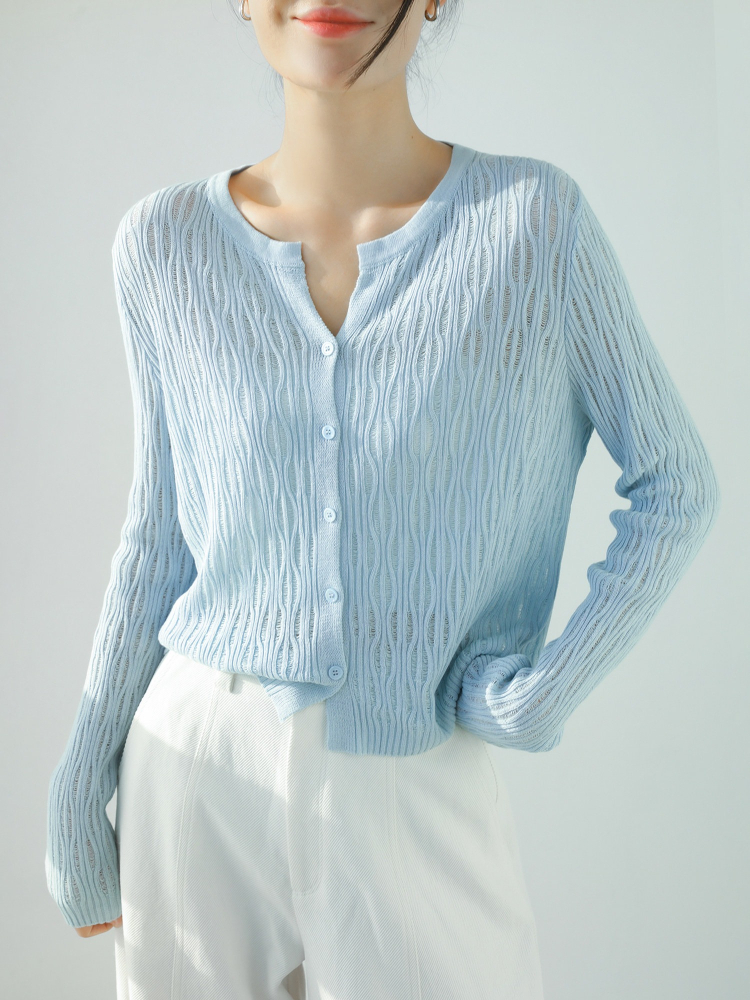 Cardigan en tricot à col rond et manches longues, style festonné, en lin et soie glacée ajouré, couleur unie, pour femme, Nouvelle collection Printemps-Été 2026