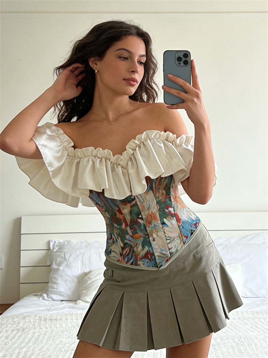 Femmes Bustier hauts Vintage Jacquard fleur Corset à volants manches corps Shaper à la mode Renaissance chemises