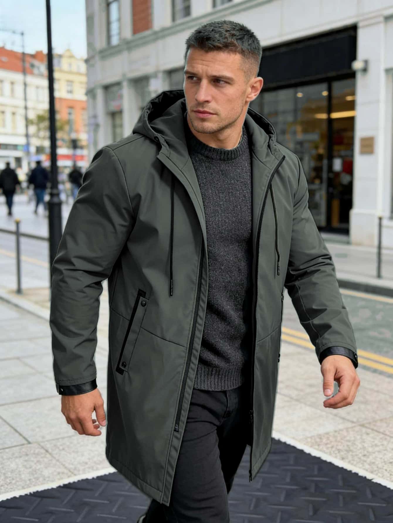 Parka longue à capuche pour homme noir, coupe-vent mi-longue décontractée urbaine avec capuche ajustable et poches zippées