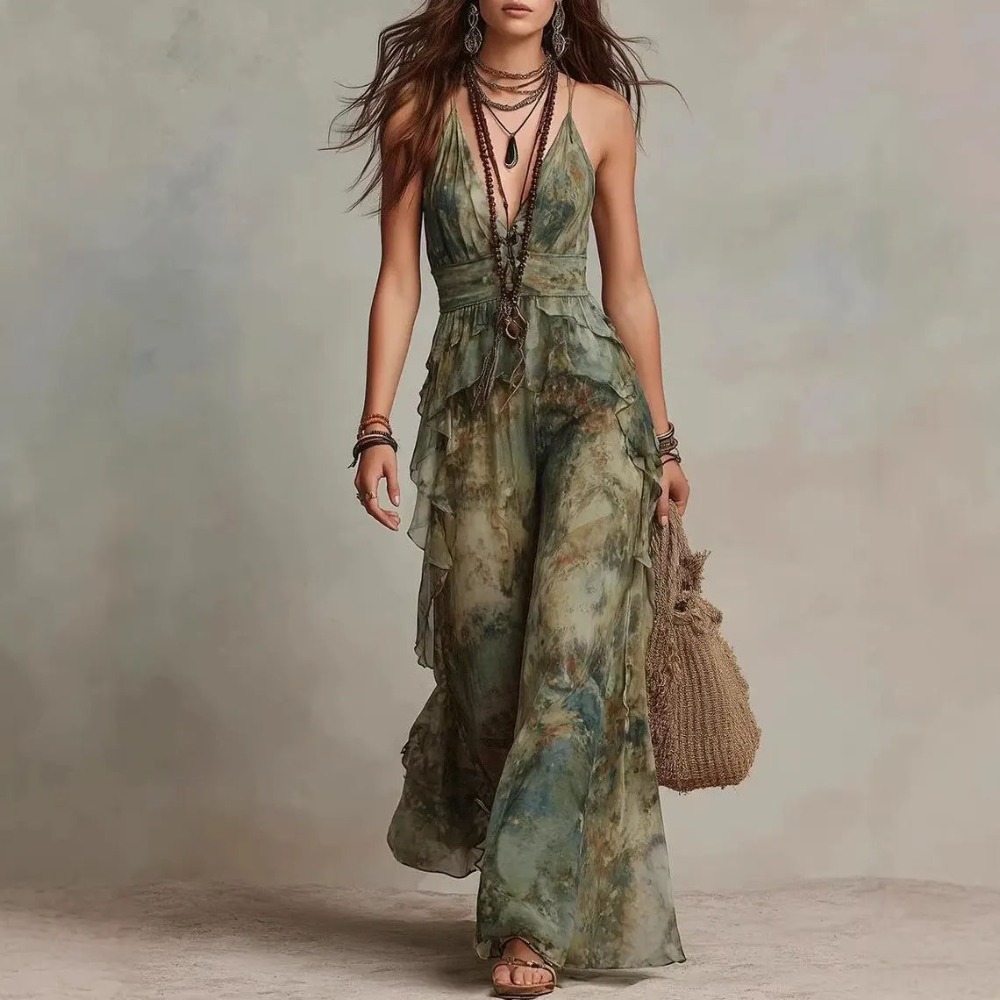 Robe longue d'été fluide pour femme, style bohème vintage imprimé, à bretelles spaghetti, décolleté en V profond, taille à volants, dos découpé