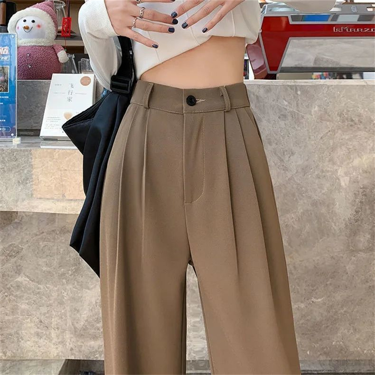 Mode taille haute pantalon à jambes larges femmes printemps automne Baggy pantalon noir bureau dames pleine longueur costume droit pantalon vêtements d'extérieur nouveau