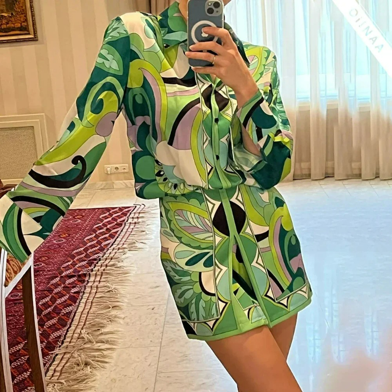 Ensemble jupe d'été pour femmes, hauts à la mode, manches longues, imprimé plante, chemise à fleurs, taille haute, jupe trapèze, style Boho, ensembles de plage, jupe Y2k