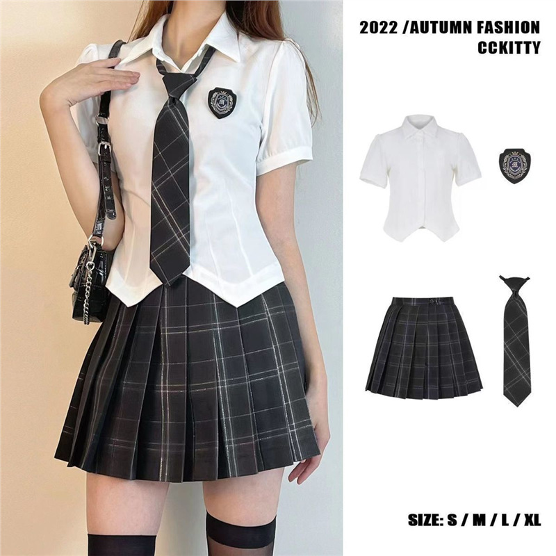 Uniforme de Style américain à manches courtes pour femmes, ensemble d'uniforme scolaire, tenue Jk couchée à la taille, Mini jupe, manches de princesse douces et fraîches