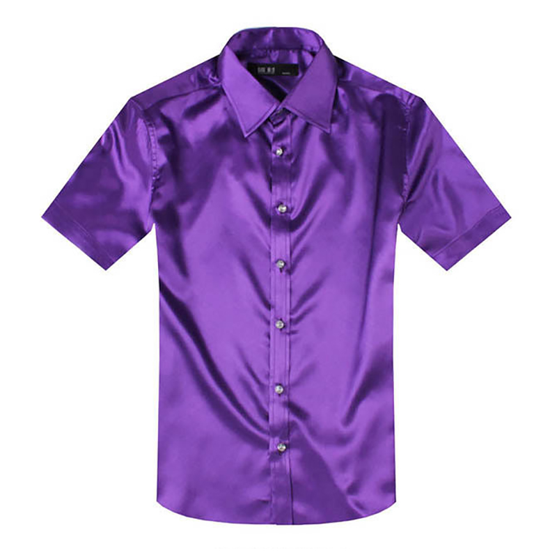 InjSatin-Chemise pour Homme Brillante, Lisse, Confortable, Manches Courtes, Chemise Décontractée, Slim Fit, Spectacle sur Scène, brev