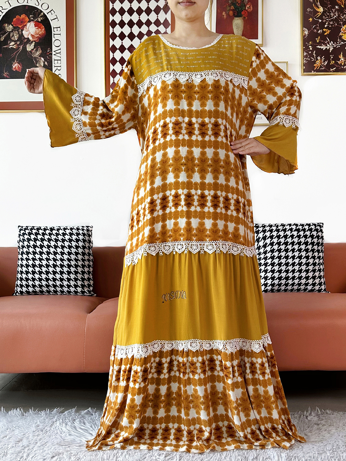 Abaya de fête pour femme de haute qualité, en coton à motif floral ondulé, style Boubou africain, Kaftan ample musulman, Robe longue avec grands châles