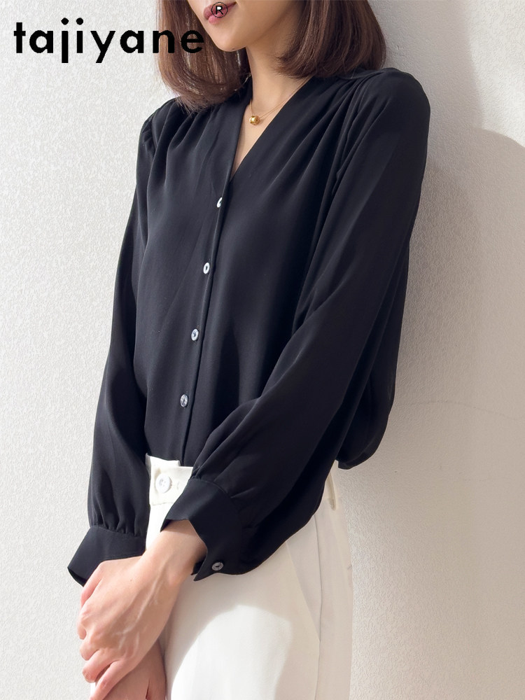 TAJIYANE Chemise 100% Soie de Mûrier Véritable Femme Élégante Blouse Noire Col en V Hauts pour Dames Nouveaux Vêtements de Printemps Femme 2026 блузкаженская
