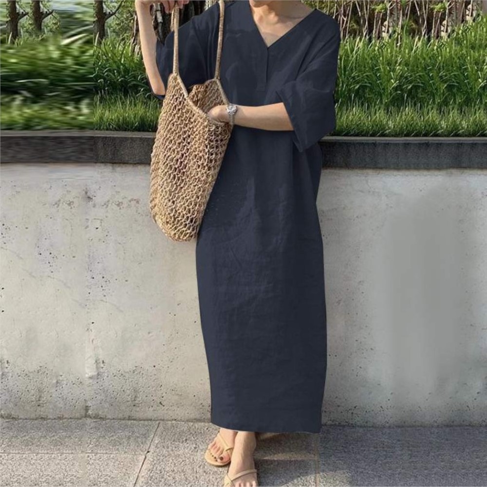 Robe longue en coton et lin pour femmes, manches courtes, col en v, couleur unie, décontractée, ample, vêtements élégants, été, 2024