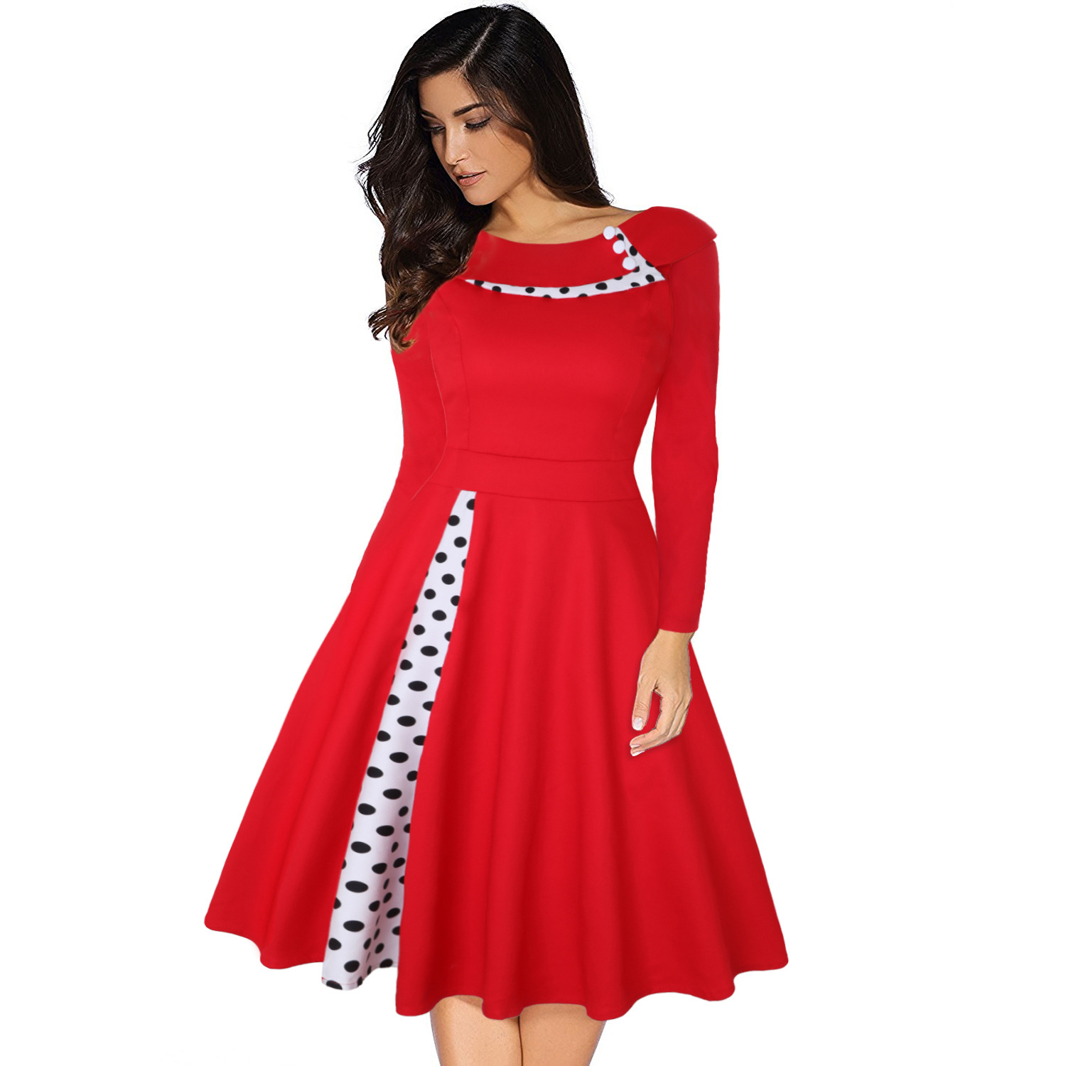 Robe Vintage pour femmes Rockabilly à pois imprimé Sexy Patchwork à manches longues taille haute balançoire décontracté fête Midi robes Robe
