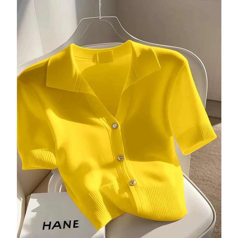 Cardigan à manches courtes pour femme, T-shirt tricoté, décontracté, assorti avec tout, ample, nouvelle collection été 2025