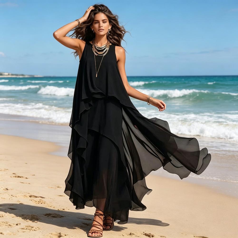 Robe élégante en mousseline pour femme, coupe ample, sans manches, col rond, ourlet asymétrique, idéale pour l'été