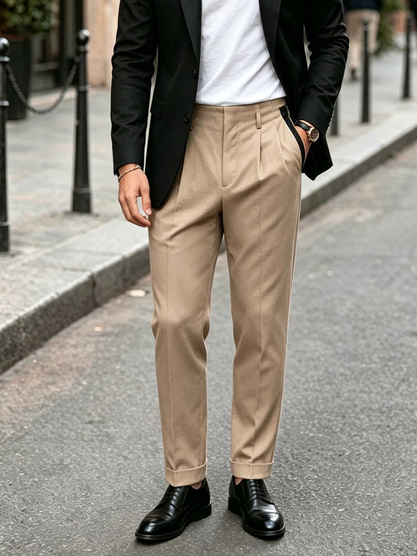 Pantalon de bureau élégant pour homme, pantalon droit ample à taille contrastée pour le printemps et l'été, pantalon de tous les jours