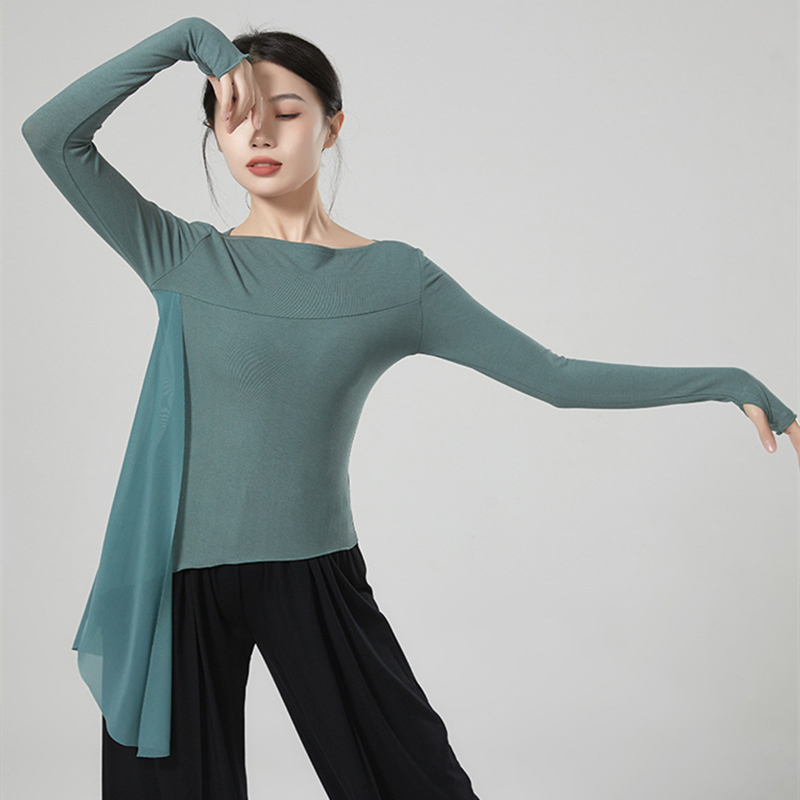 Haut de danse moderne pour femmes, chemise épissée en Tulle à manches longues, ourlet irrégulier, vêtements d'entraînement latin, haut Slim, chemisier à trous pour les pouces, vêtements de danse