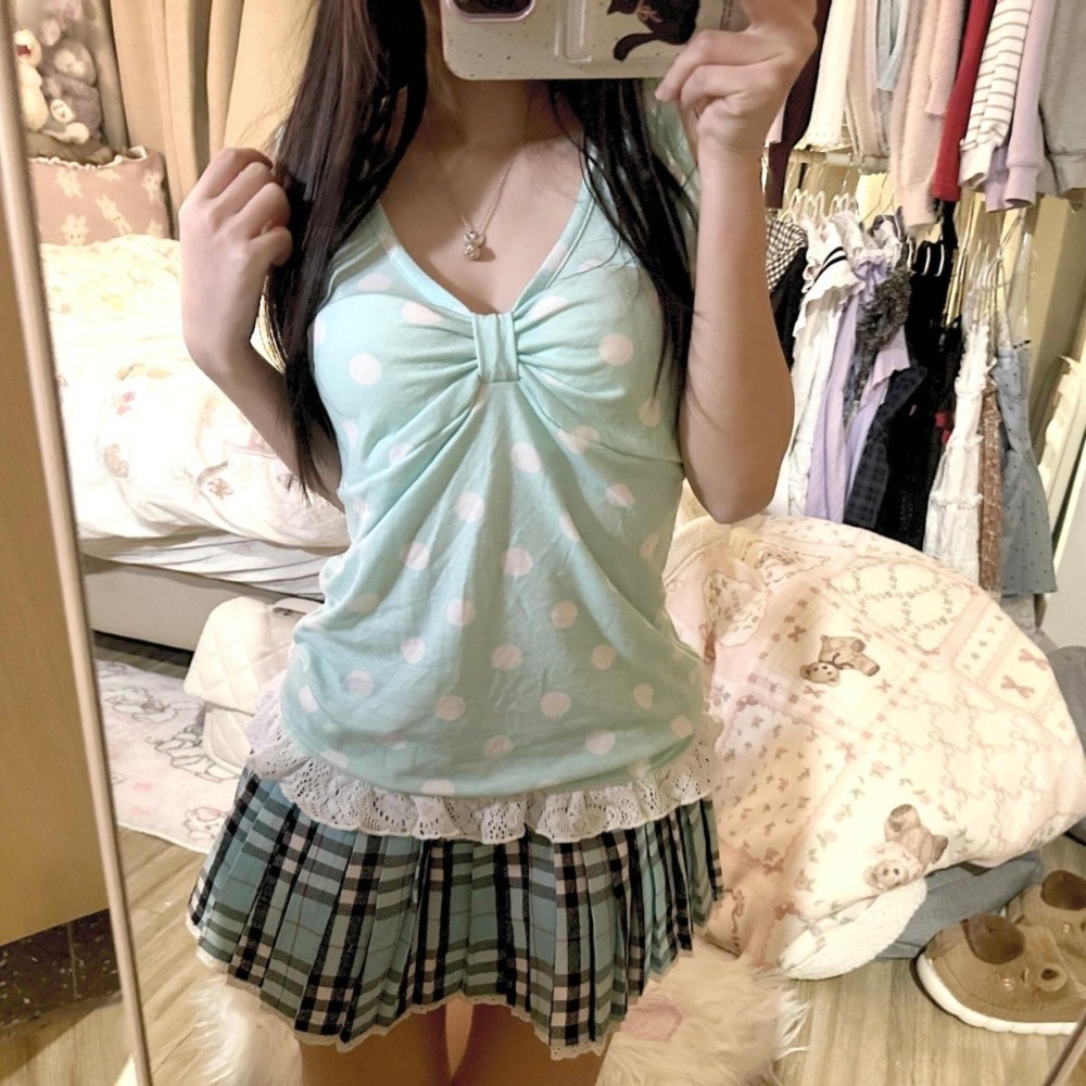 T-shirts Kawaii, Vêtements Femme, Débardeur Japonais, Gilet Doux, Hauts sans manches vintage à pois pour femme, Camisoles d'été tendance, Débardeurs slim à volants