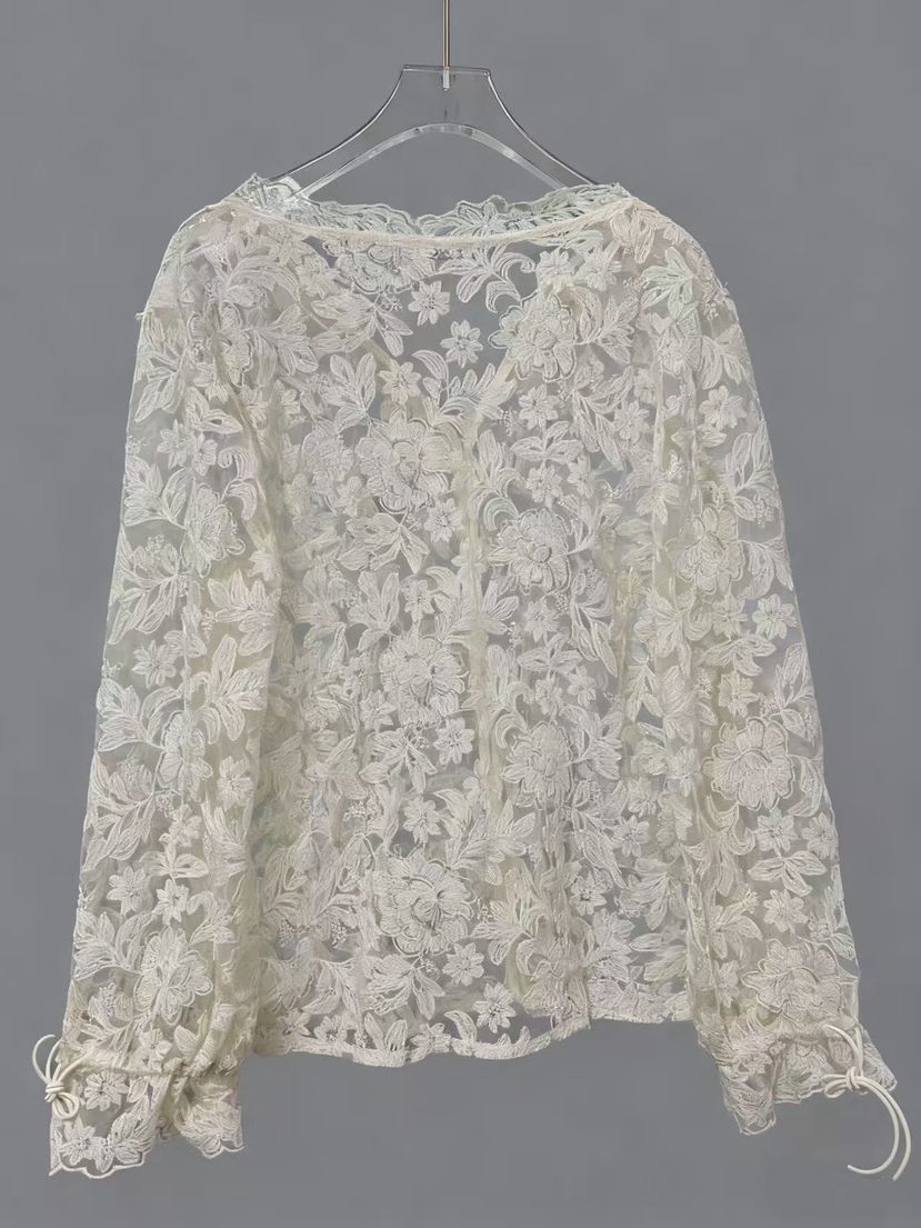 Chemise transparente en maille et dentelle pour femmes, col en v, chemisiers doux, décontracté, Slim, manches longues, Crochet, hauts élégants, nouvelle mode 2026