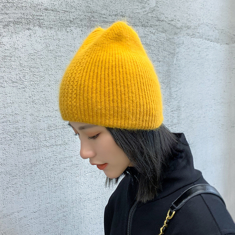 Bonnet en fourrure de lapin Angola pour femme, tricoté, doux et chaud, décontracté, nouvelle collection hiver bonnet femme hiver