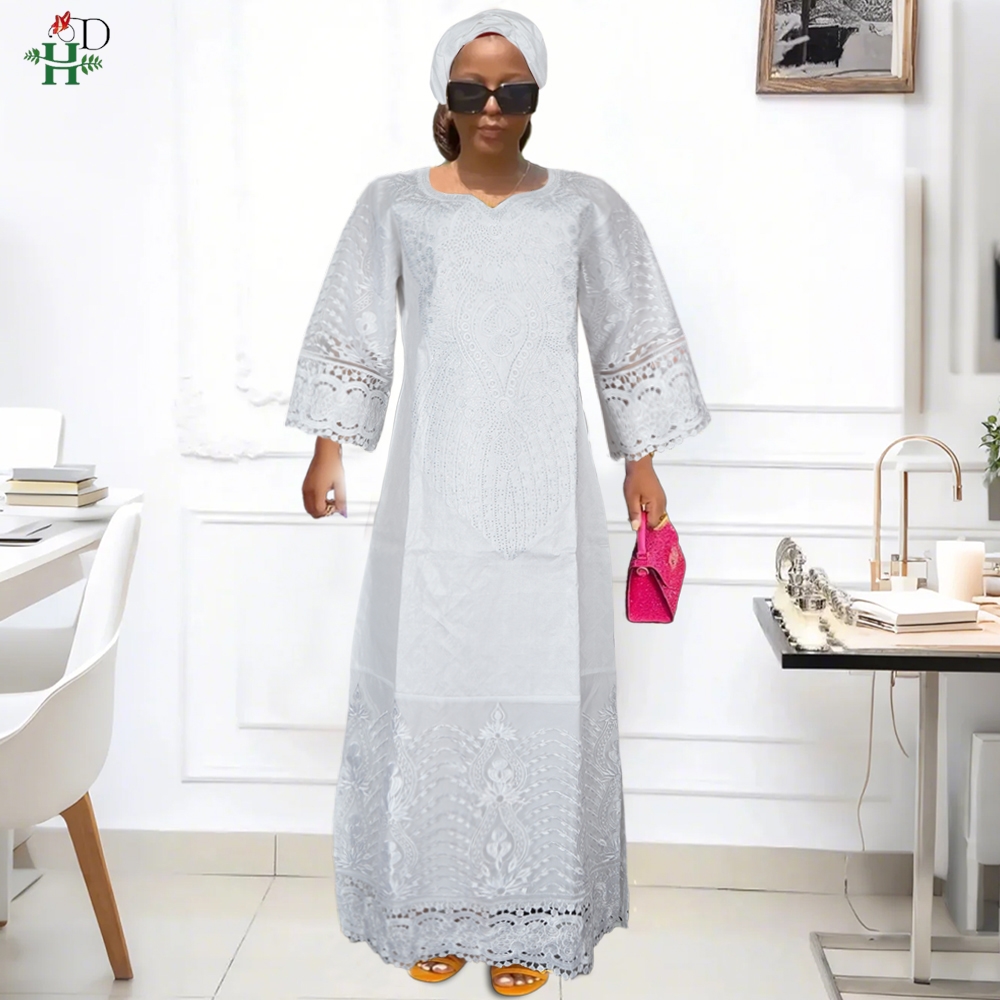 H & D-Robe traditionnelle africaine en bazin pour femme, tenue brodée blanche de haute qualité pour les occasions de mariage et de fête