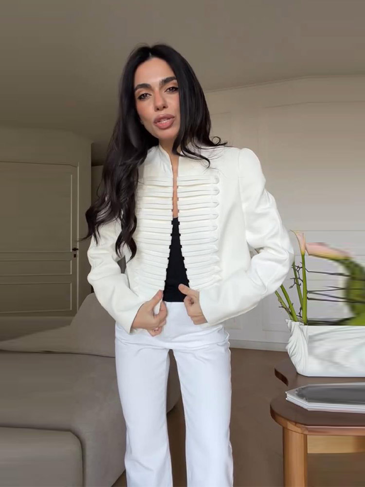 Manteau d'automne pour femme, veste Napoléon, blazer court à panneaux plissés, col montant, épaules rembourrées, tenue de bureau, vêtements pour femme