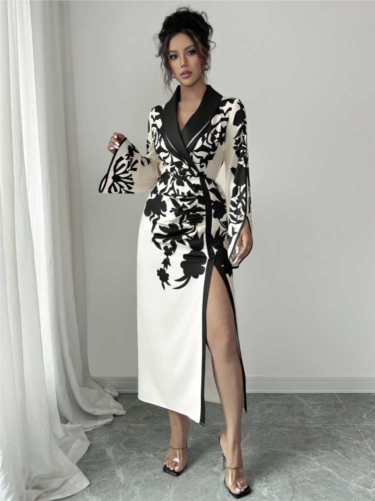 Robe d'automne femmes fleur florale élégante mode taille mince dames robes fendu Sexy moulante femme robe mi-longue