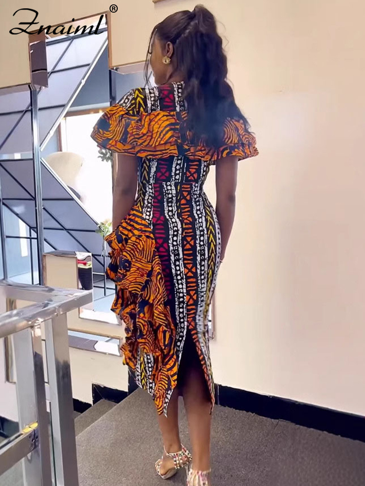 Znaiml Festival africain imprimer robes femmes élégantes été à manches courtes volants moulante Robe mi-longue mode vacances Robe de fête